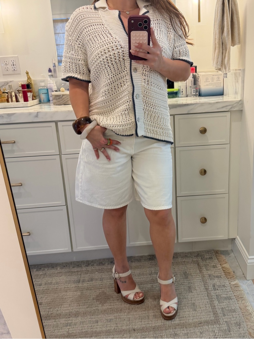 Oversized Zara Cream crochet Polo with blue Trim — Short Sleeve